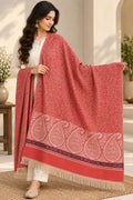 Coral Red Ivory Paisley Border Wool Shawl with Tassels