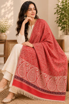 Coral Red Ivory Paisley Border Wool Shawl with Tassels