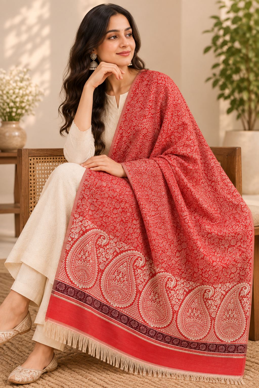 Coral Red Ivory Paisley Border Wool Shawl with Tassels