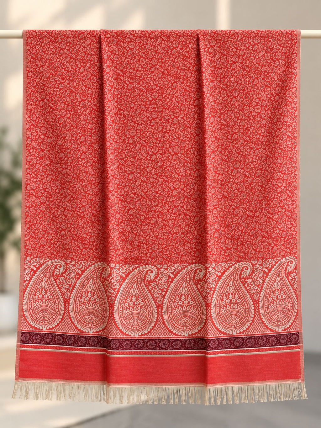Coral Red Ivory Paisley Border Wool Shawl with Tassels