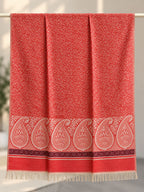 Coral Red Ivory Paisley Border Wool Shawl with Tassels