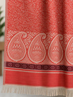 Coral Red Ivory Paisley Border Wool Shawl with Tassels