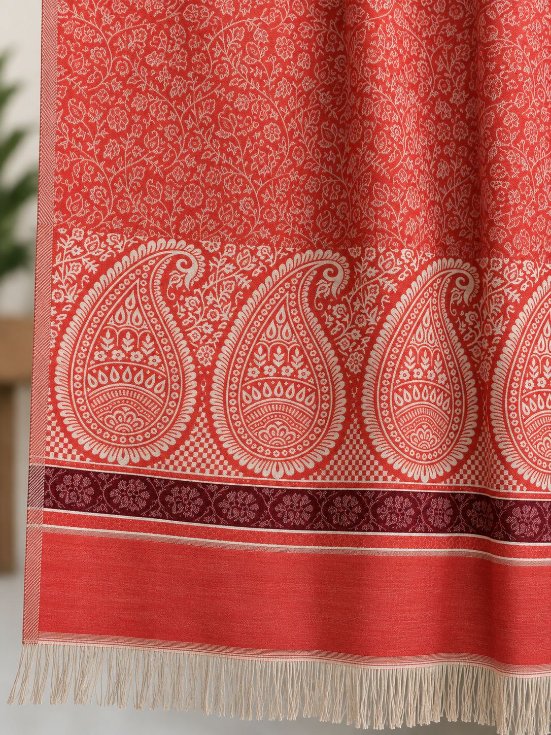 Coral Red Ivory Paisley Border Wool Shawl with Tassels