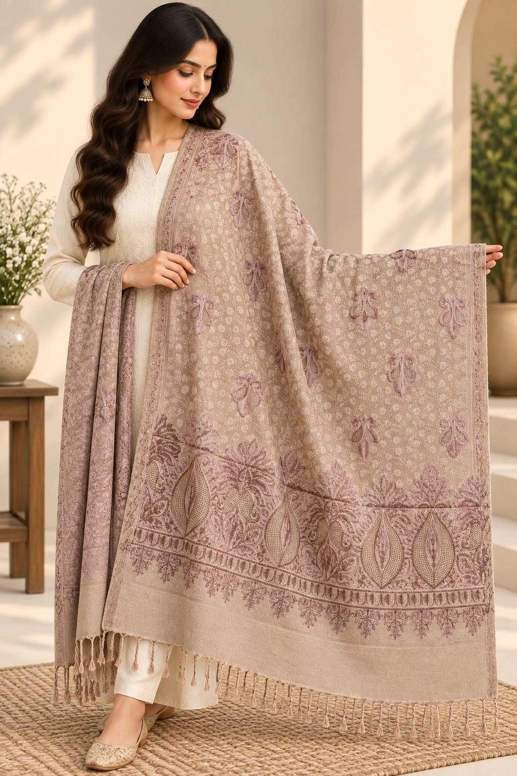 Beige Mauve Beaded Paisley Embellished Shawl