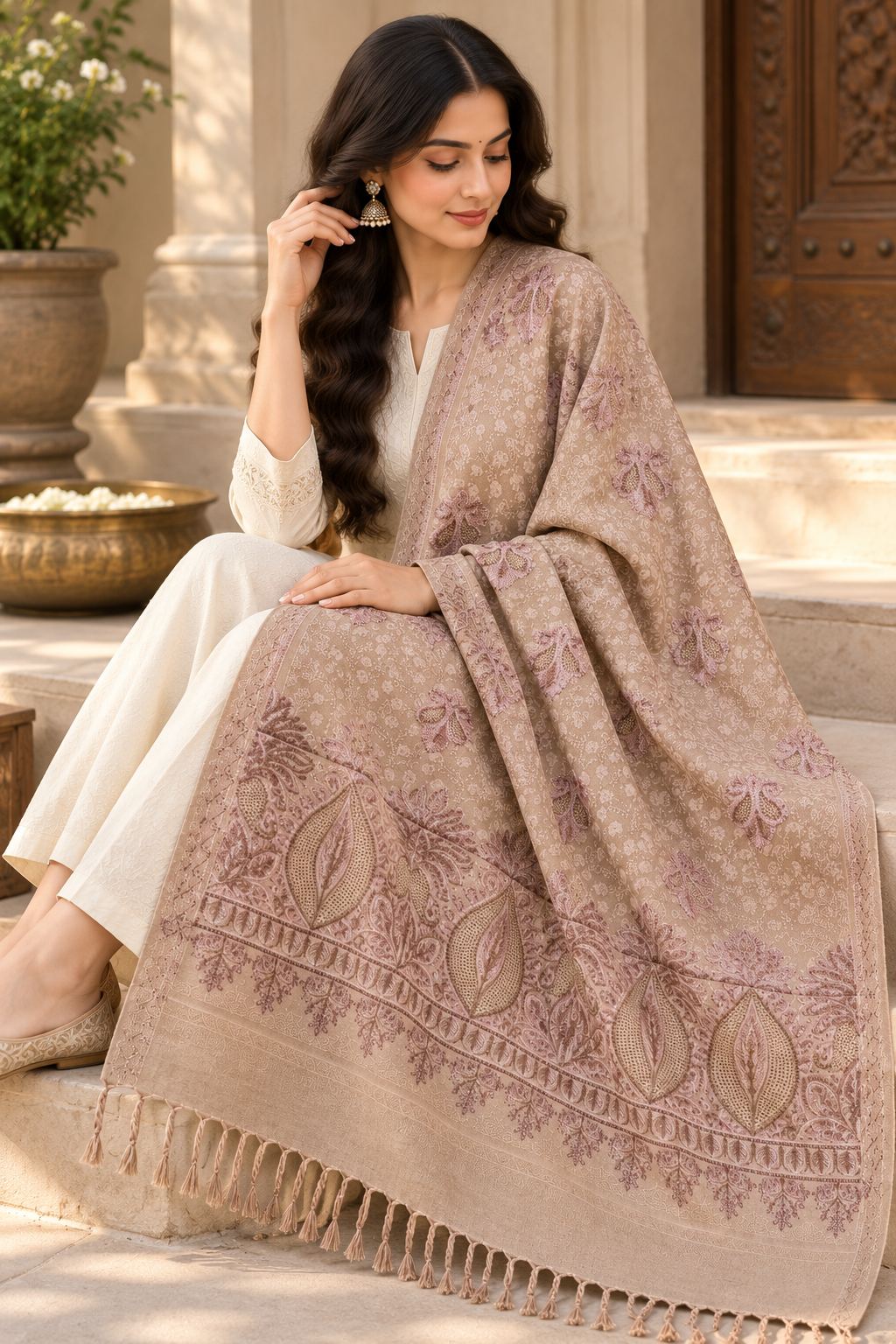 Beige Mauve Beaded Paisley Embellished Shawl