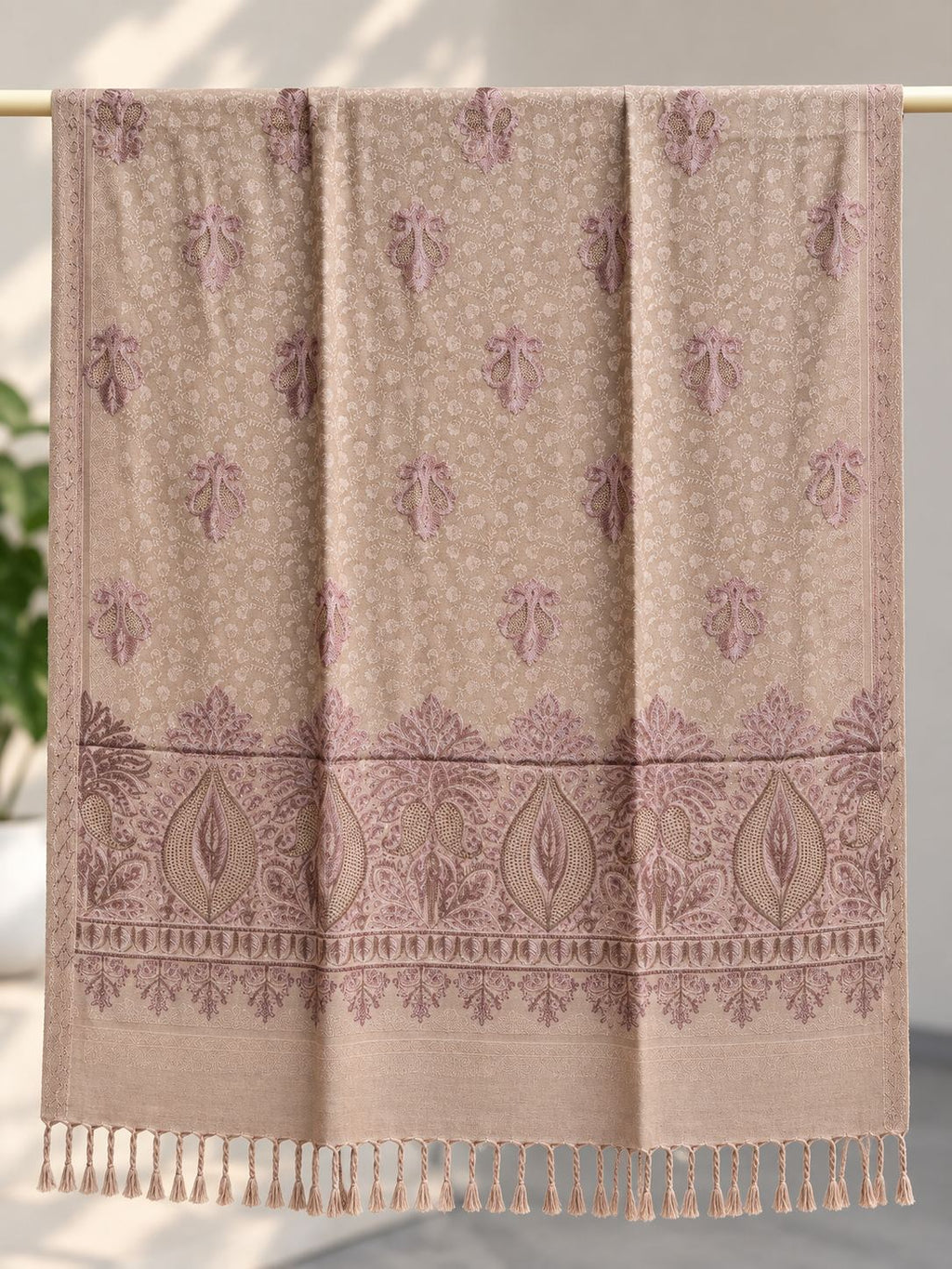 Beige Mauve Beaded Paisley Embellished Shawl
