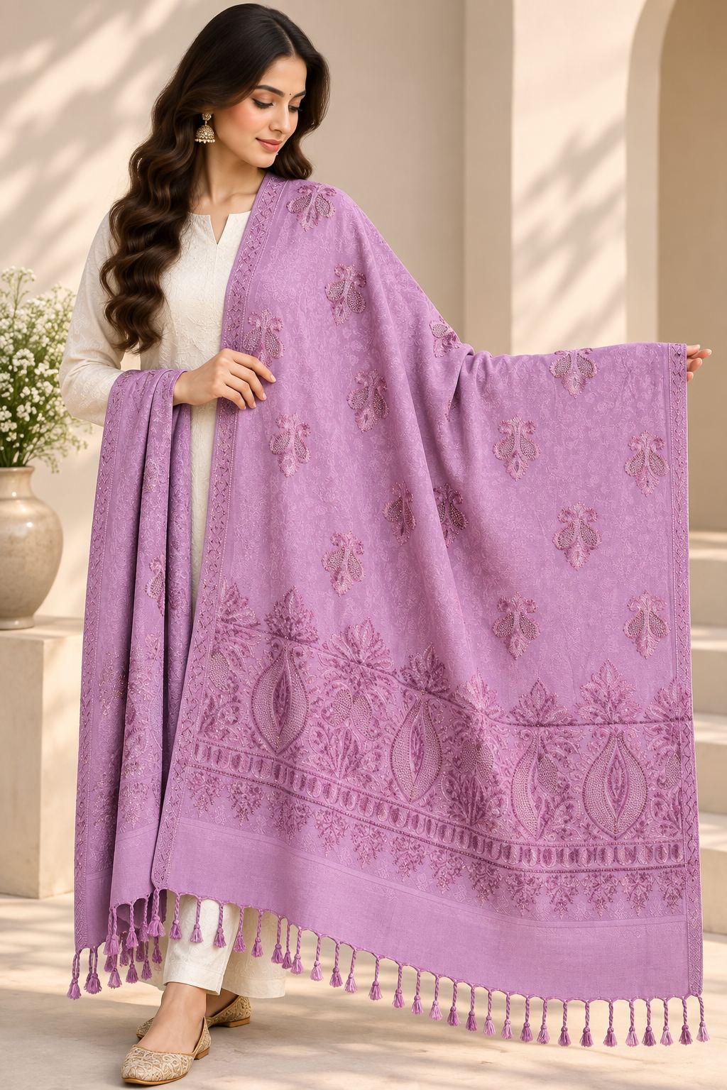 Lavender Pink Beaded Paisley Embellished Shawl