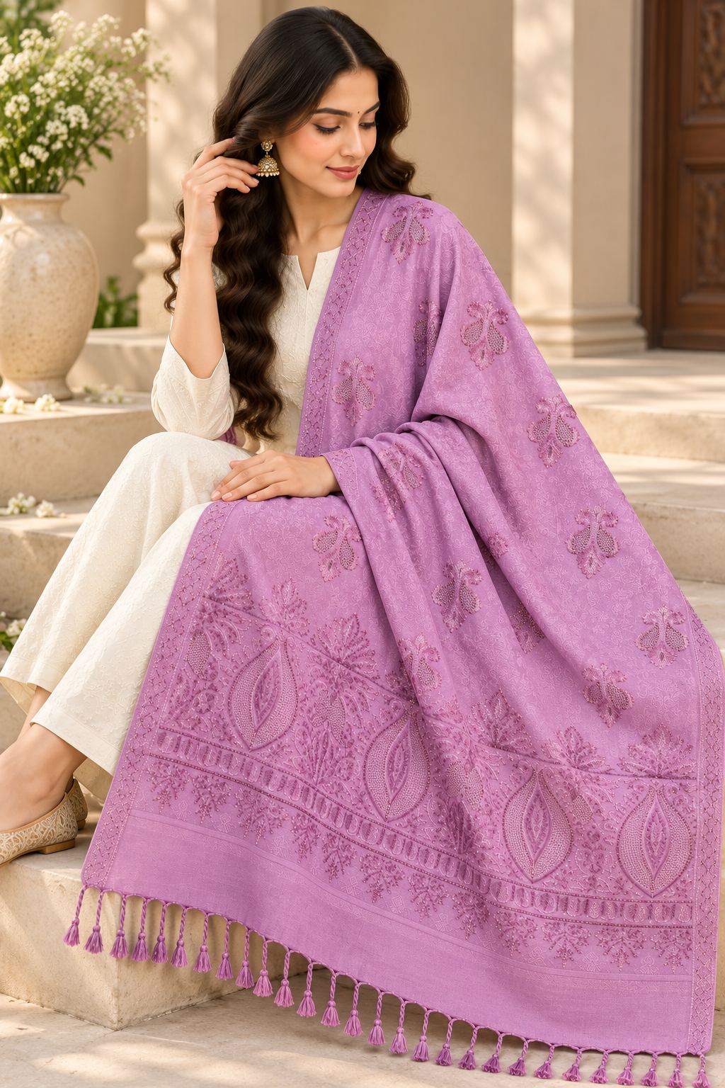 Lavender Pink Beaded Paisley Embellished Shawl