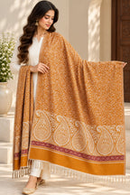 Mustard Ivory Paisley Border Wool Shawl with Tassels