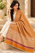 Mustard Ivory Paisley Border Wool Shawl with Tassels