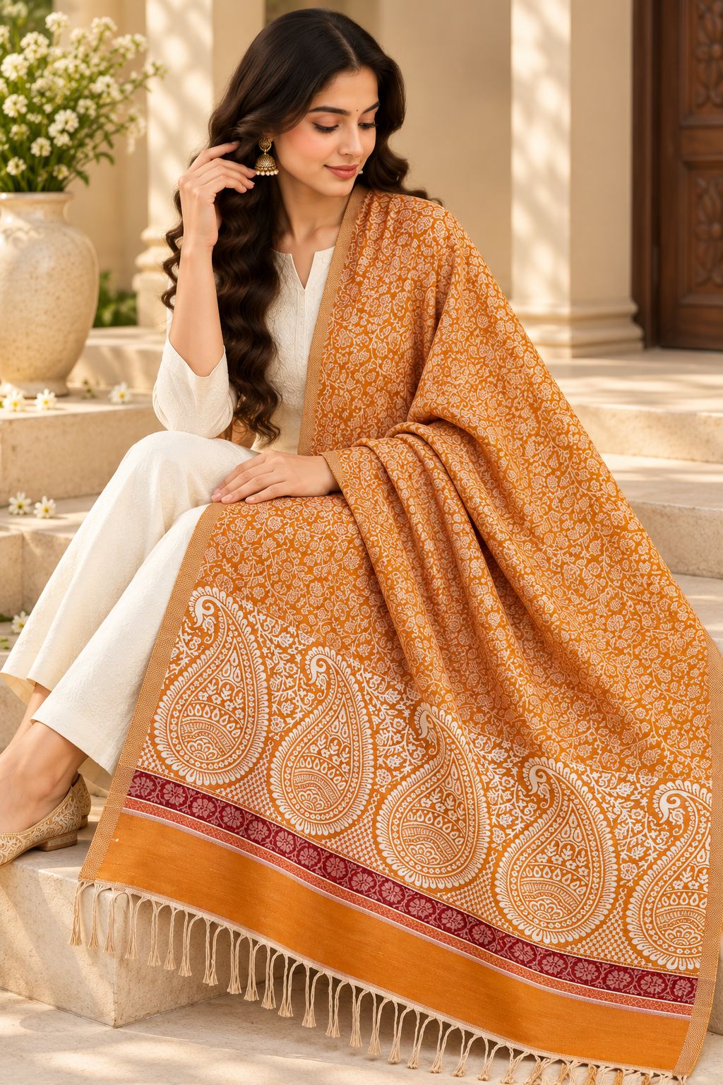 Mustard Ivory Paisley Border Wool Shawl with Tassels
