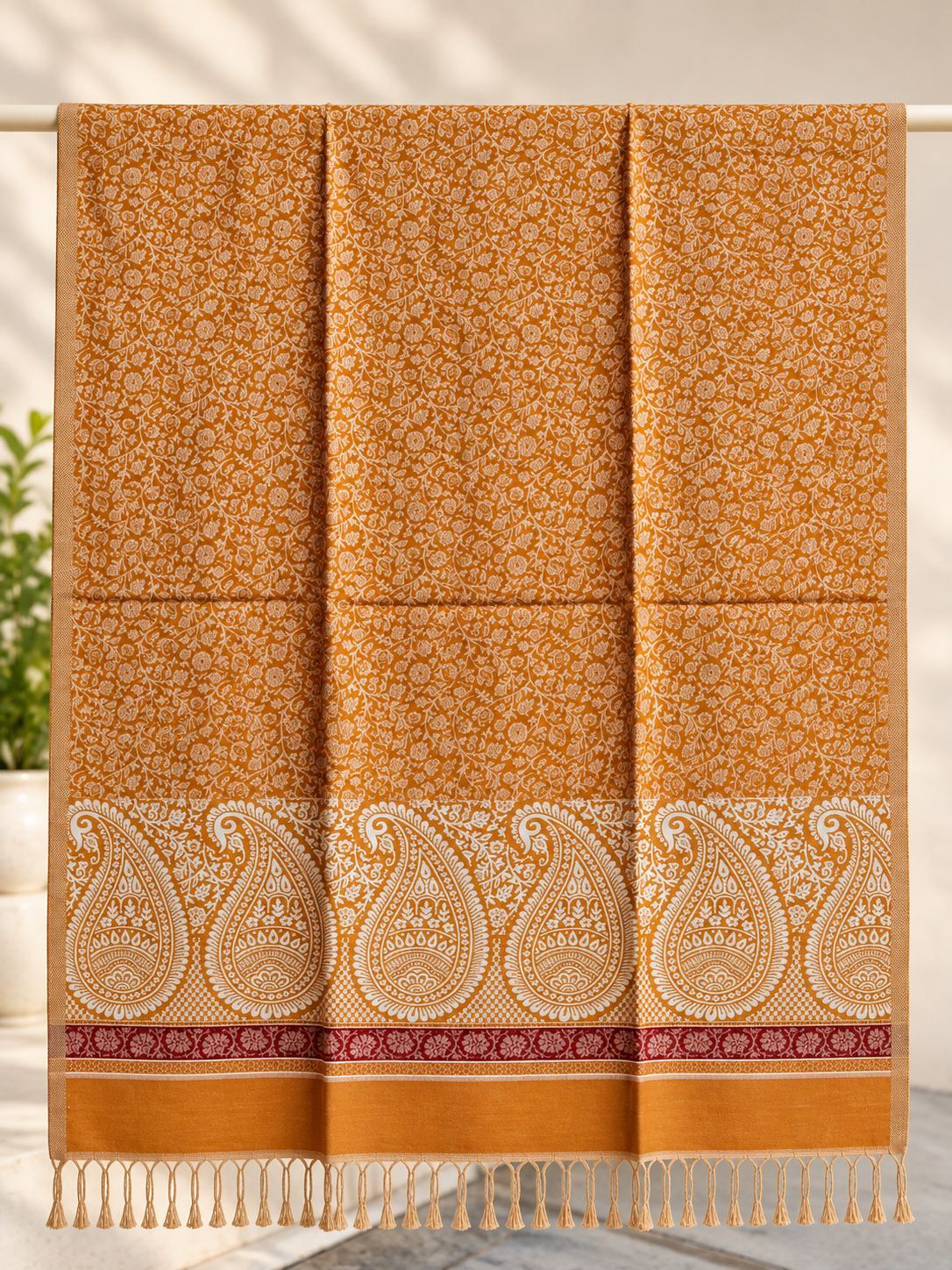 Mustard Ivory Paisley Border Wool Shawl with Tassels