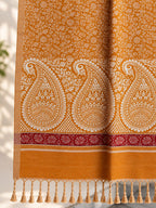 Mustard Ivory Paisley Border Wool Shawl with Tassels
