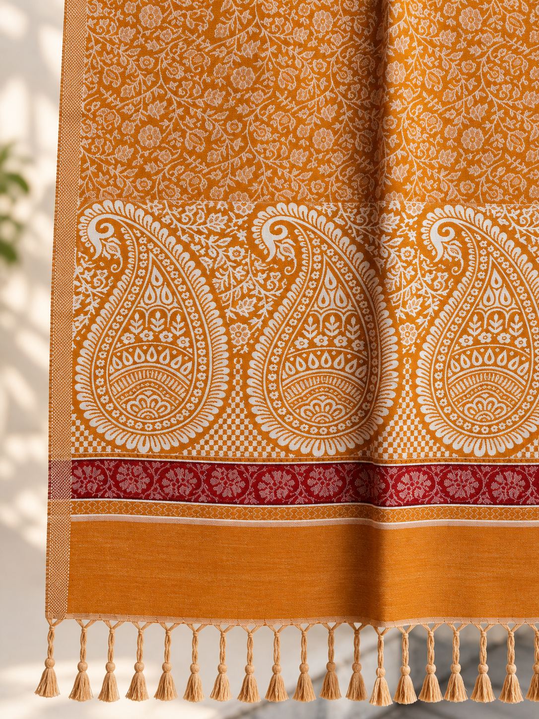 Mustard Ivory Paisley Border Wool Shawl with Tassels