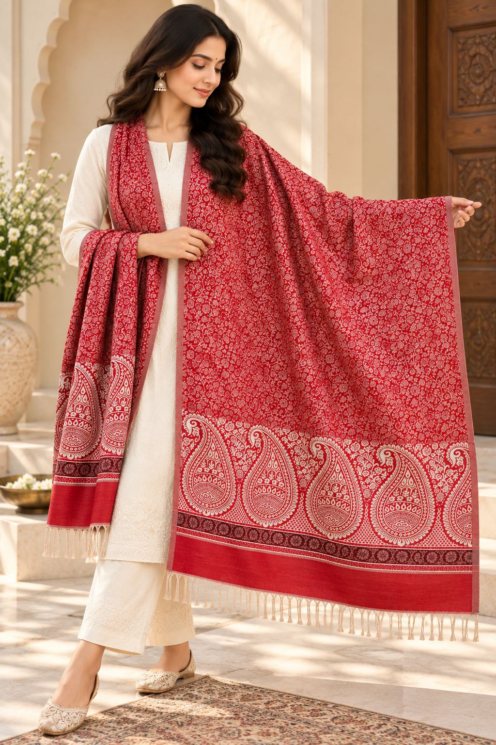 Red Ivory Paisley Border Wool Shawl with Tassels