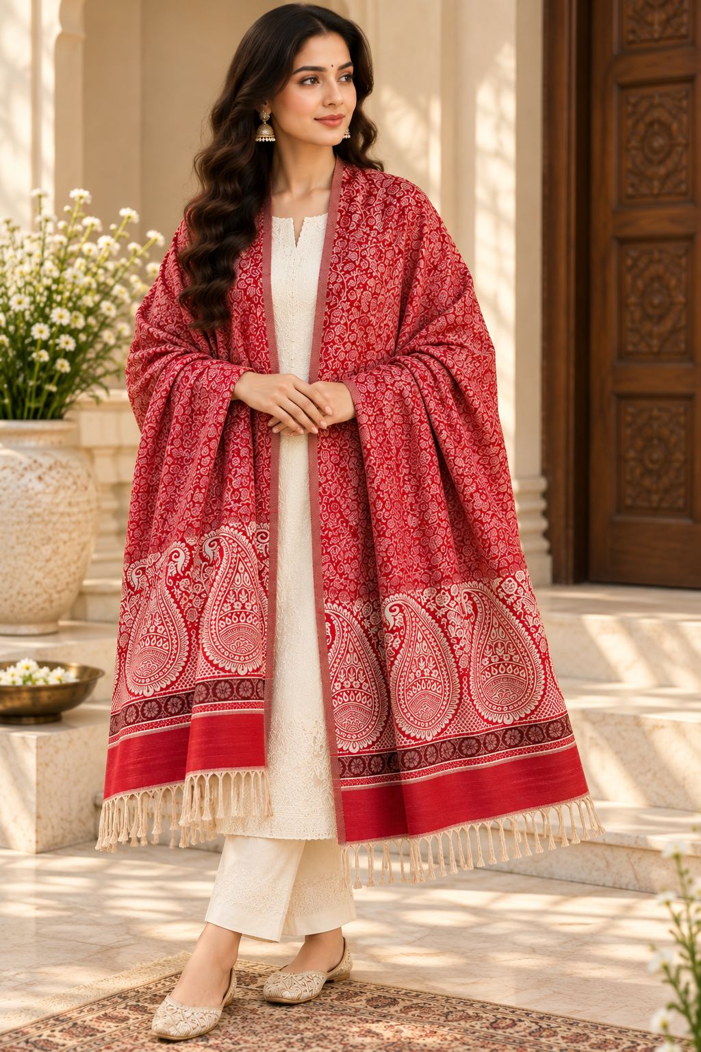 Red Ivory Paisley Border Wool Shawl with Tassels