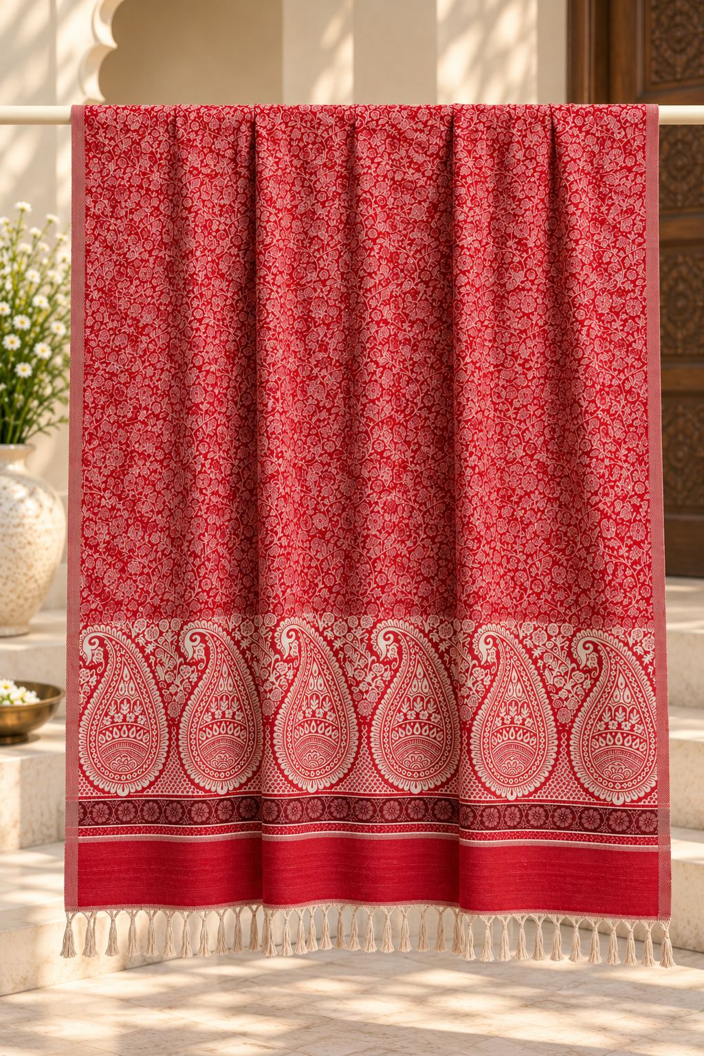 Red Ivory Paisley Border Wool Shawl with Tassels