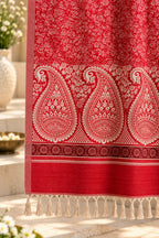 Red Ivory Paisley Border Wool Shawl with Tassels