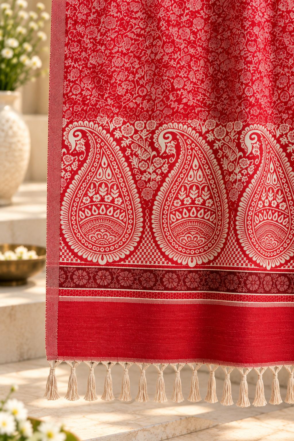 Red Ivory Paisley Border Wool Shawl with Tassels