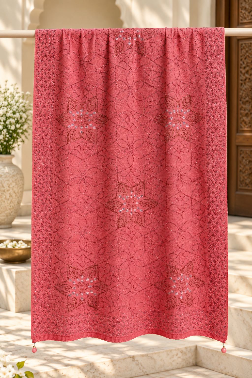 Coral Pink Beaded Embellished Shawl