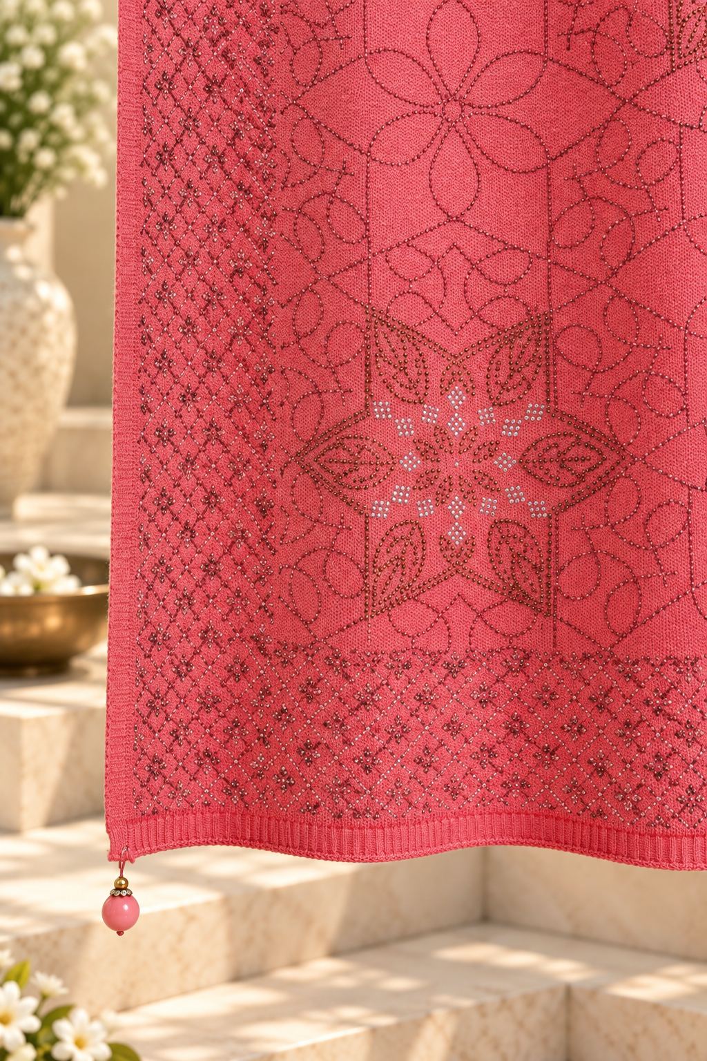 Coral Pink Beaded Embellished Shawl
