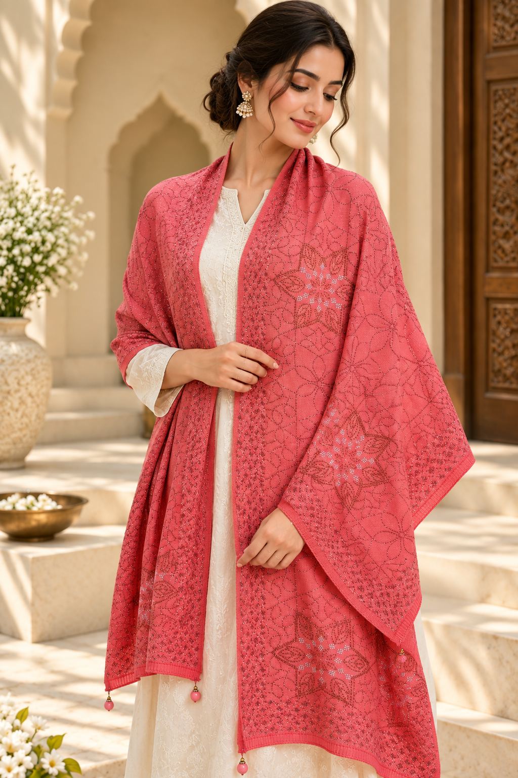 Coral Pink Beaded Embellished Shawl
