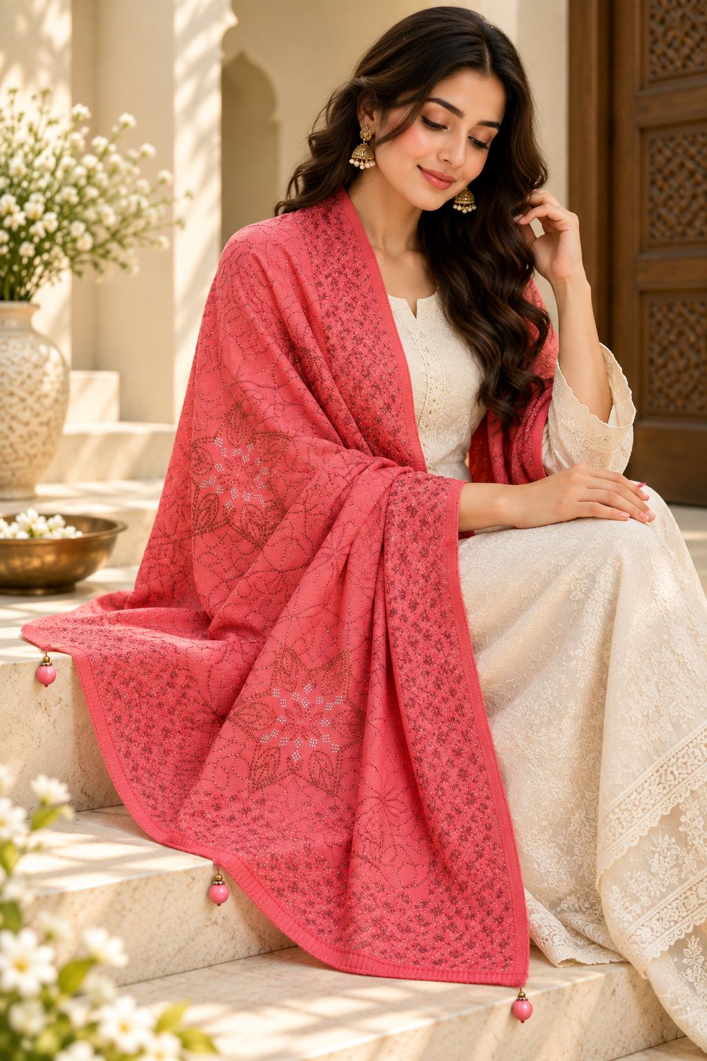 Coral Pink Beaded Embellished Shawl