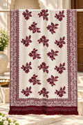 Ivory Maroon Floral Bouquet Wool Shawl with Tassels