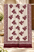 Ivory Maroon Floral Bouquet Wool Shawl with Tassels