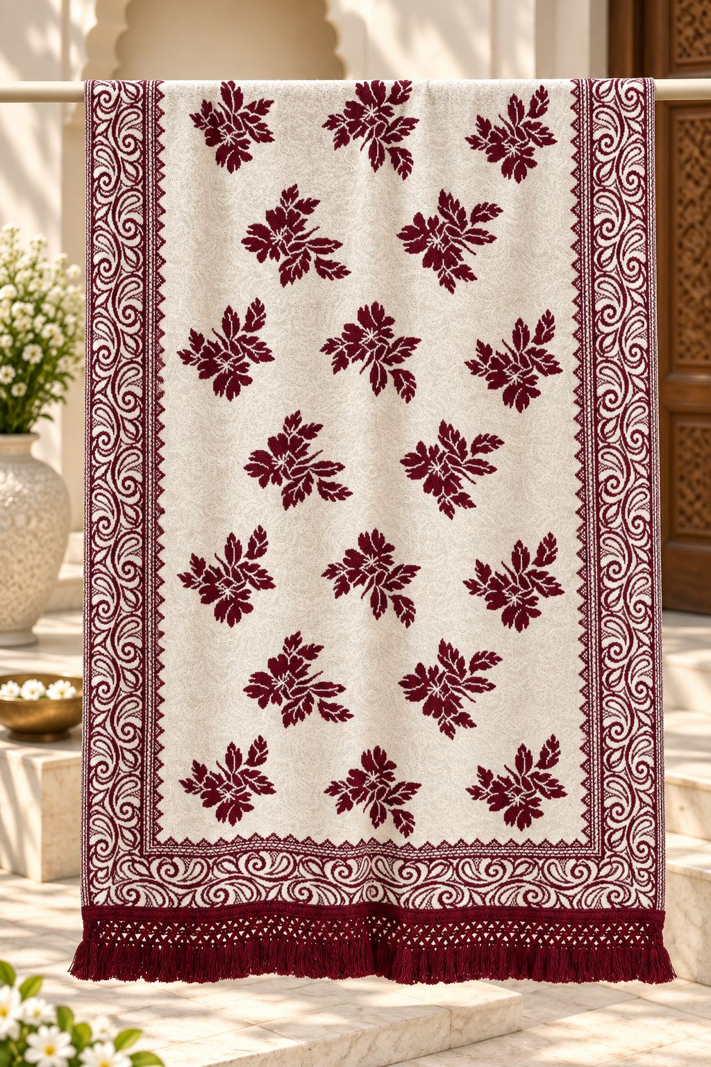 Ivory Maroon Floral Bouquet Wool Shawl with Tassels