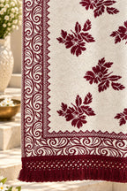 Ivory Maroon Floral Bouquet Wool Shawl with Tassels
