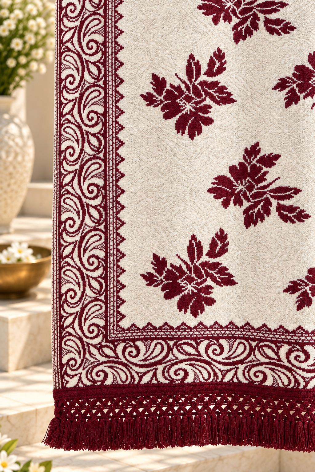 Ivory Maroon Floral Bouquet Wool Shawl with Tassels