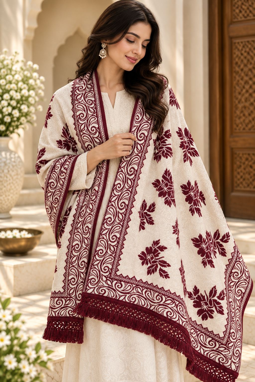 Ivory Maroon Floral Bouquet Wool Shawl with Tassels