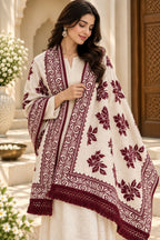 Ivory Maroon Floral Bouquet Wool Shawl with Tassels