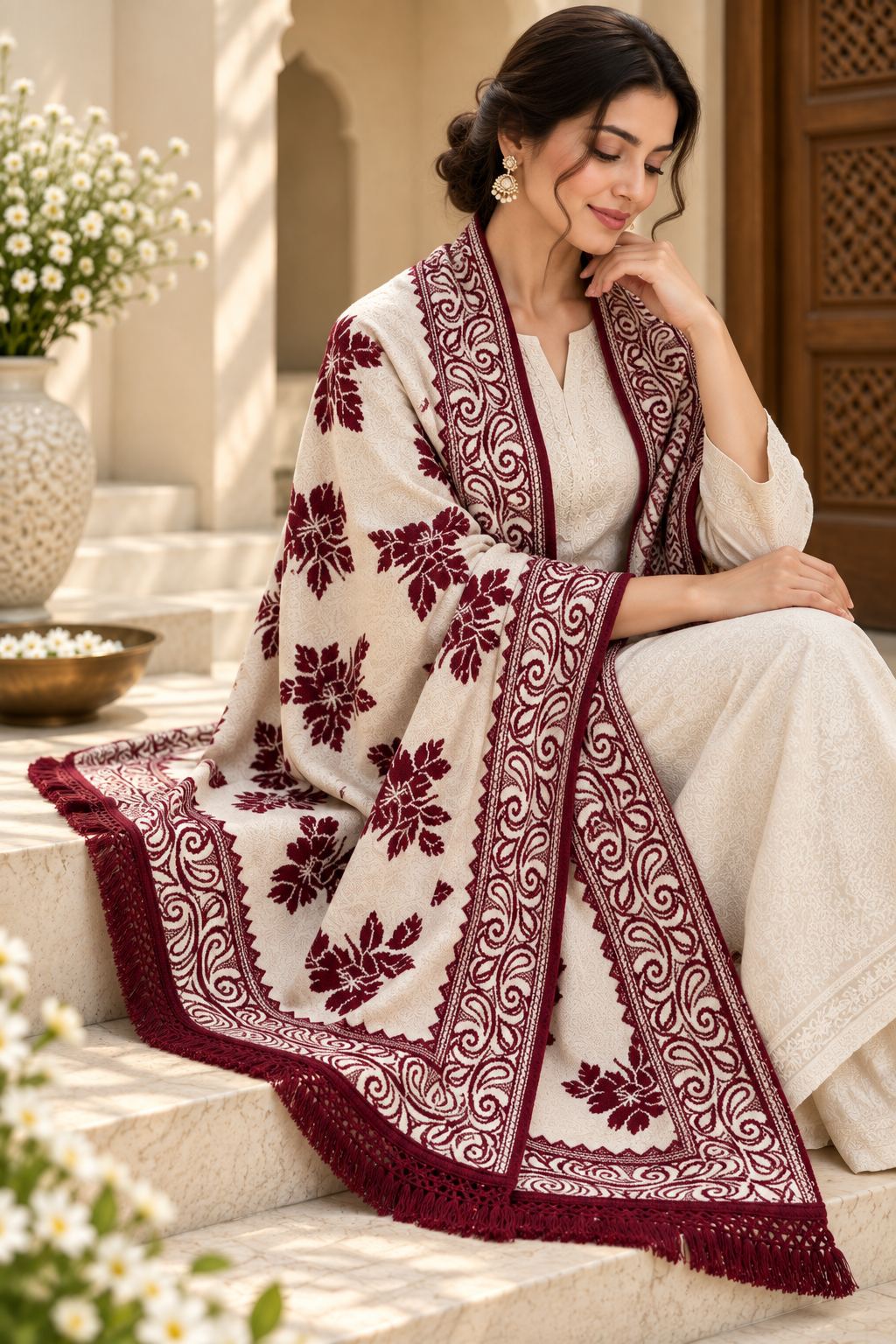 Ivory Maroon Floral Bouquet Wool Shawl with Tassels