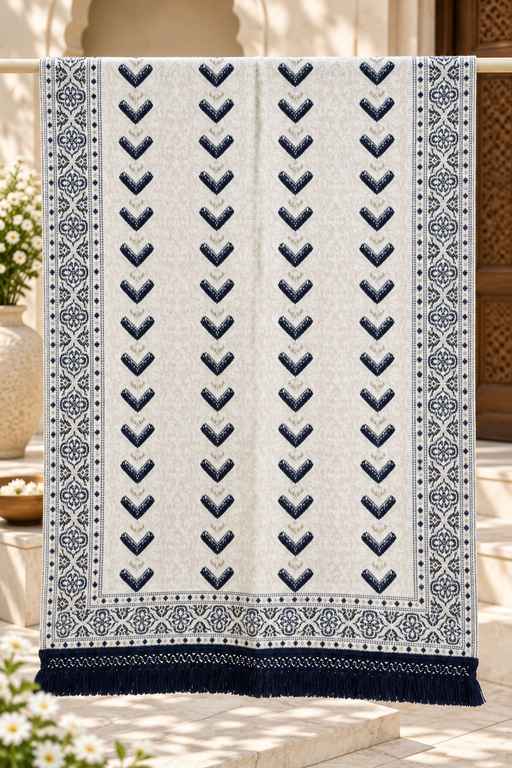 Ivory Navy Chevron Wool Shawl with Tassels