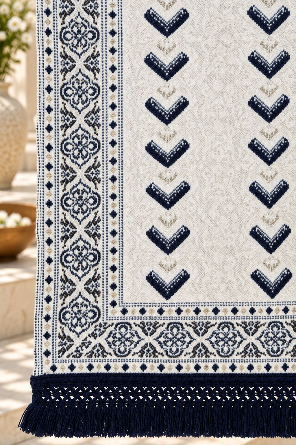 Ivory Navy Chevron Wool Shawl with Tassels