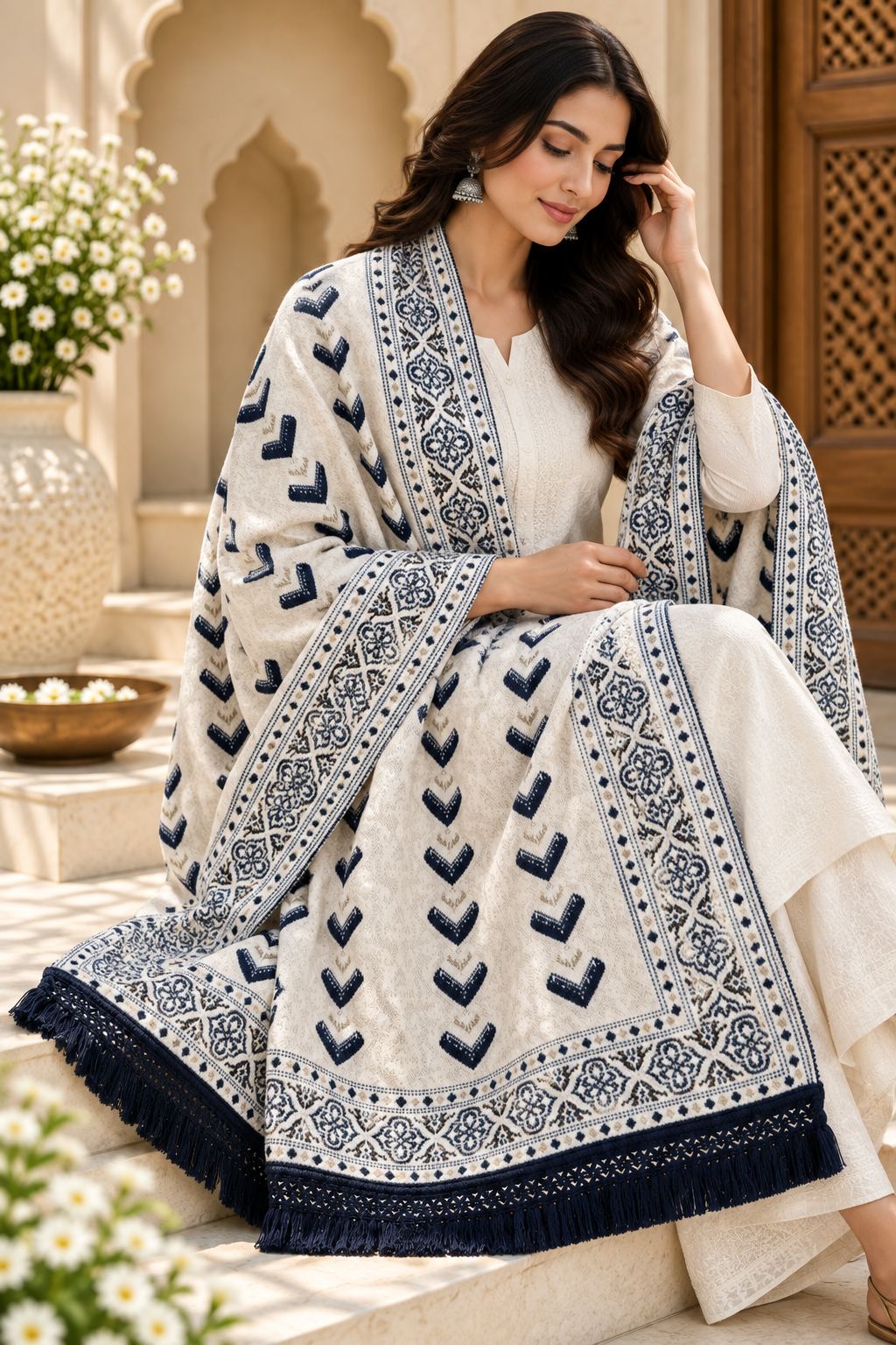 Ivory Navy Chevron Wool Shawl with Tassels