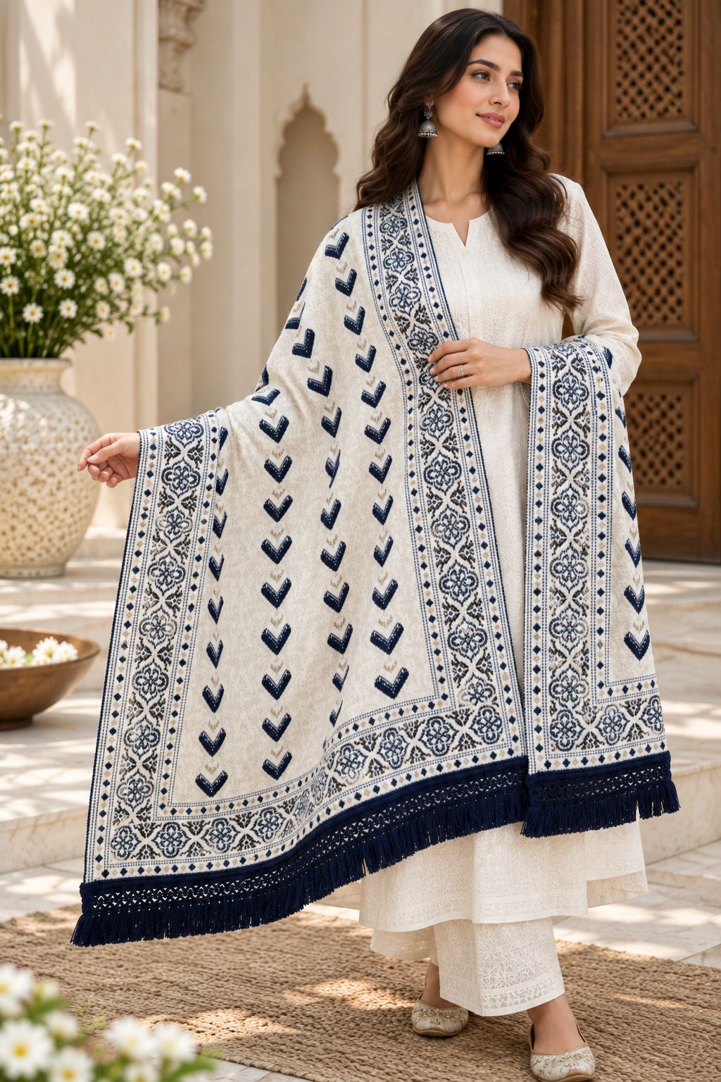Ivory Navy Chevron Wool Shawl with Tassels