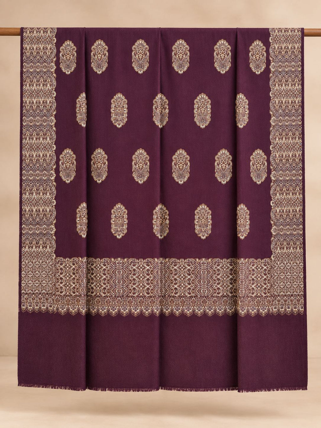 Aubergine Gold Boteh Medallion Wool Shawl with Fringe