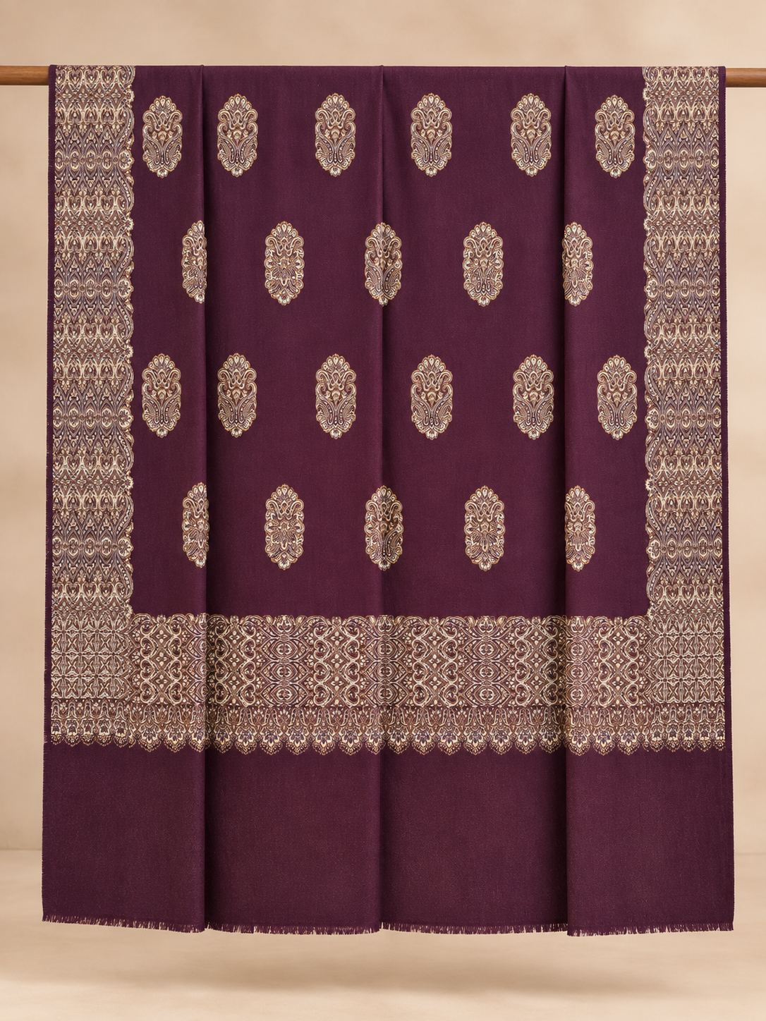 Aubergine Gold Boteh Medallion Wool Shawl with Fringe