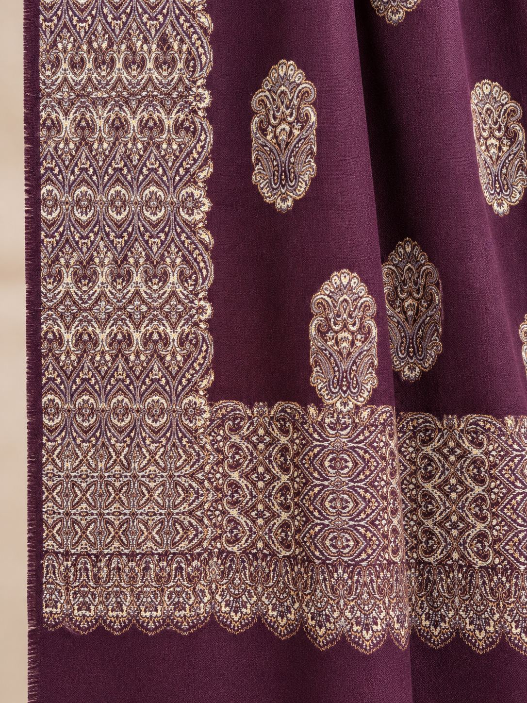 Aubergine Gold Boteh Medallion Wool Shawl with Fringe
