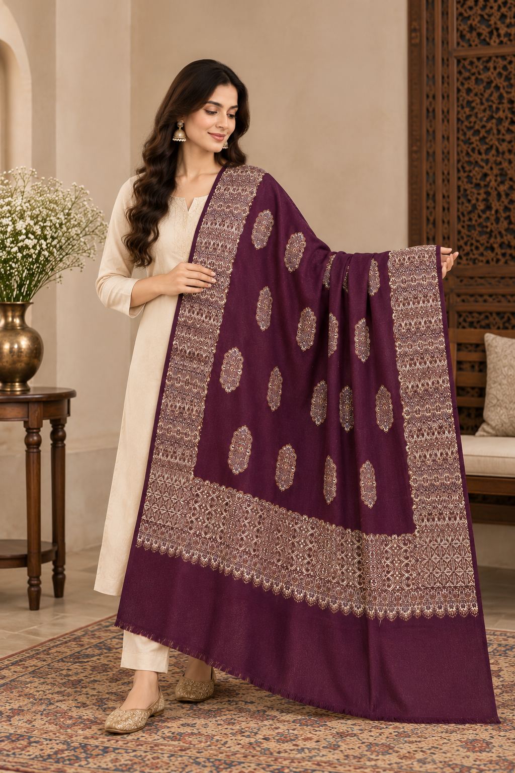 Aubergine Gold Boteh Medallion Wool Shawl with Fringe