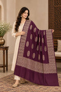 Aubergine Gold Boteh Medallion Wool Shawl with Fringe
