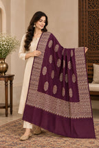 Aubergine Gold Boteh Medallion Wool Shawl with Fringe