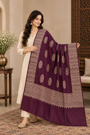 Aubergine Gold Boteh Medallion Wool Shawl with Fringe