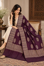 Aubergine Gold Boteh Medallion Wool Shawl with Fringe