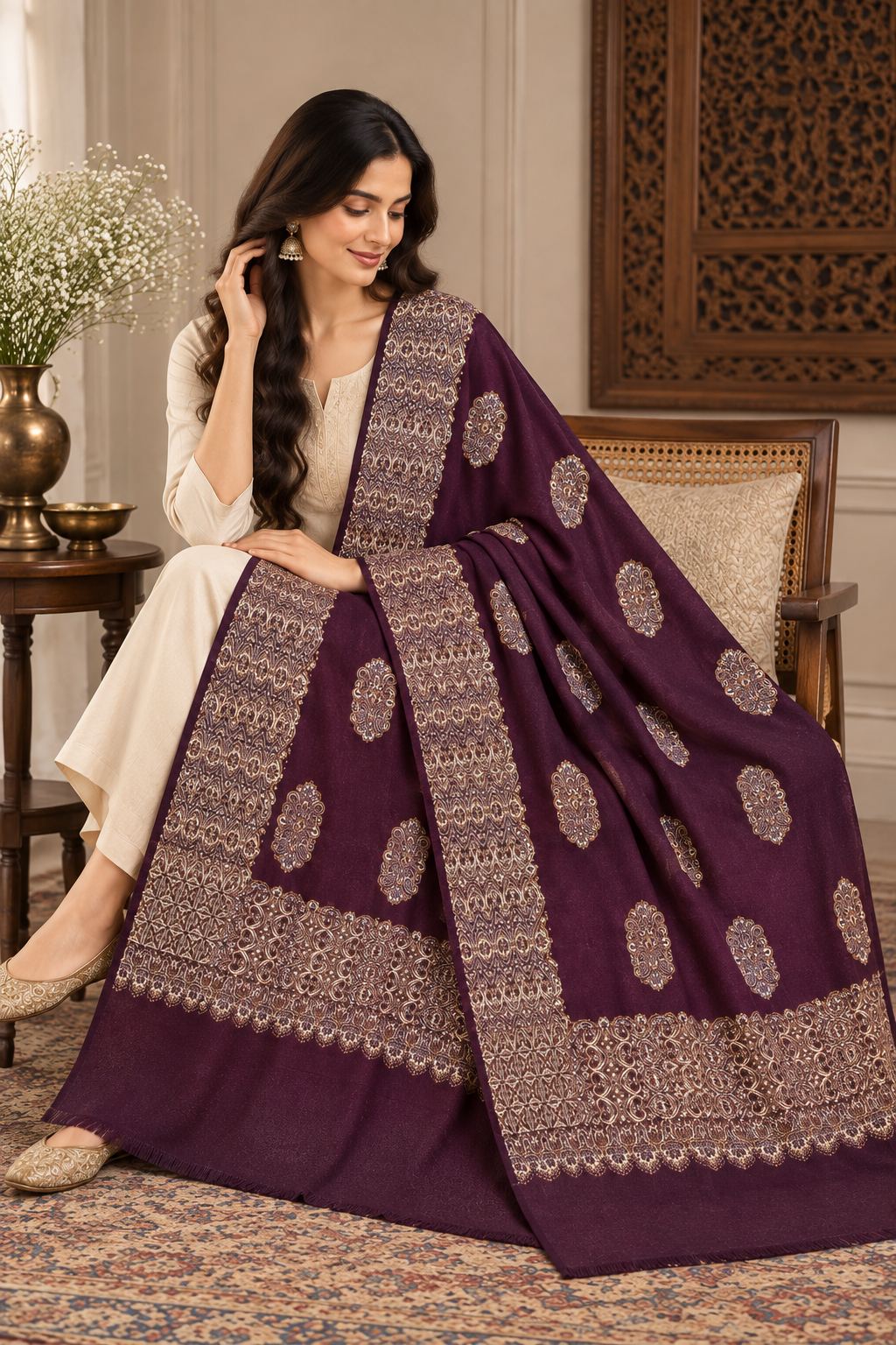 Aubergine Gold Boteh Medallion Wool Shawl with Fringe