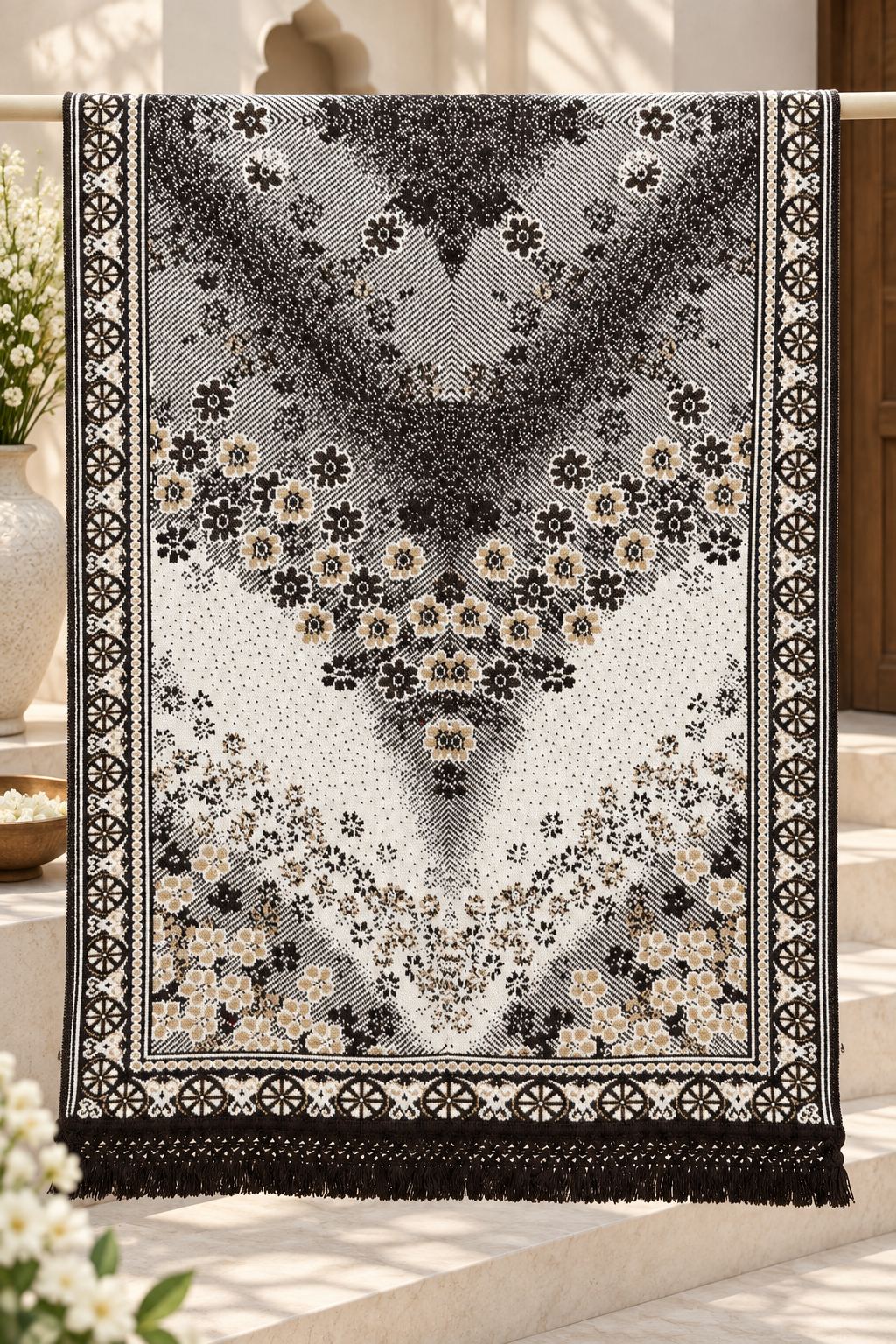 Ivory Black Floral Ombre Wool Shawl with Tassels