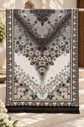 Ivory Black Floral Ombre Wool Shawl with Tassels